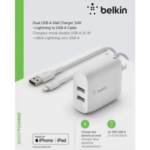 Belkin Dual USB-A Charger + USB-A to USB-C Cable OR USB-A to Lightning Cable